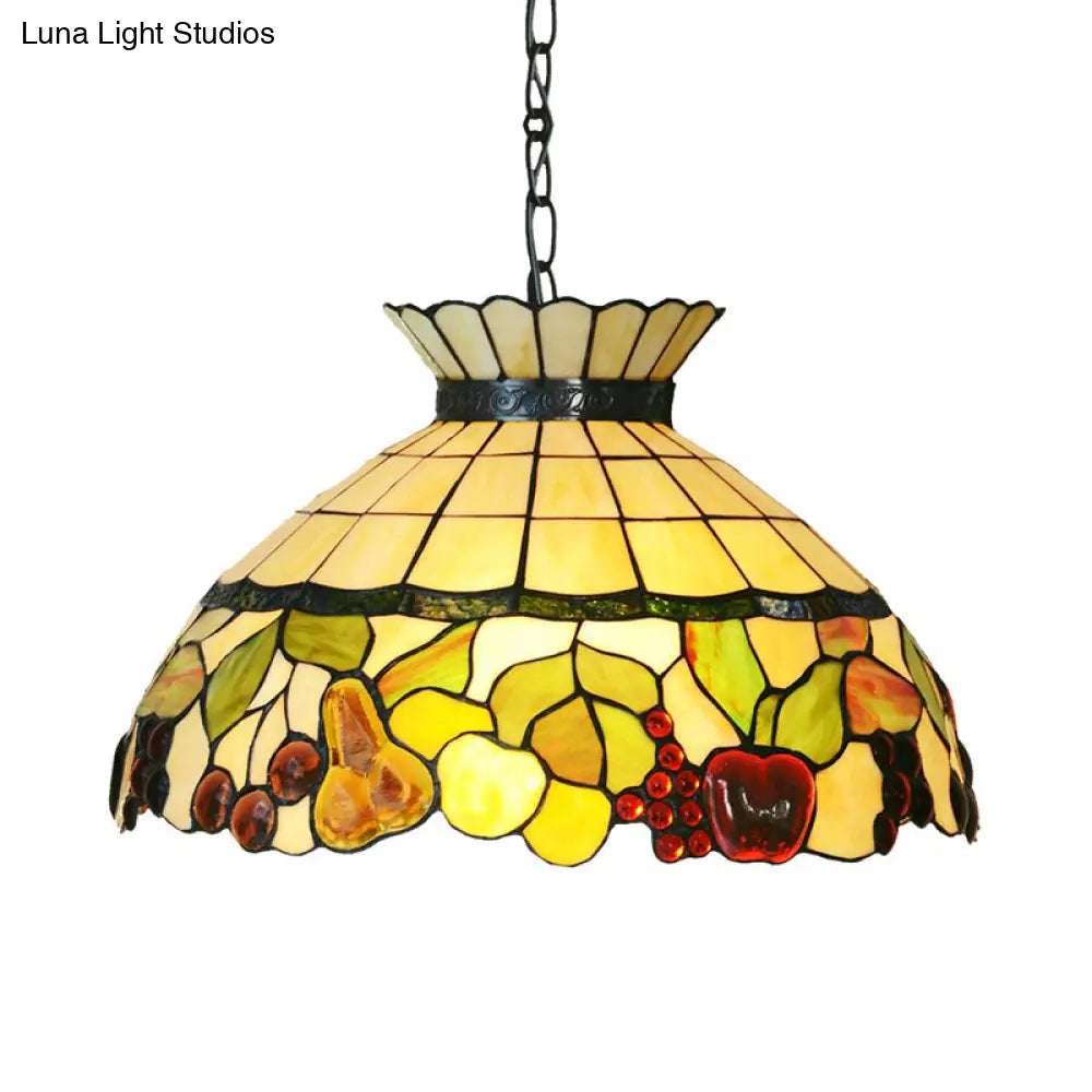 Black Baroque Chandelier with Yellow Stained Glass Shade - 3-Light Pendant Lighting Yellow