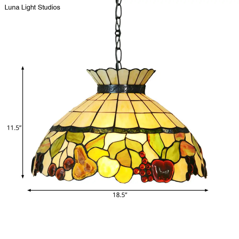 Black Baroque Chandelier with Yellow Stained Glass Shade - 3-Light Pendant Lighting Yellow