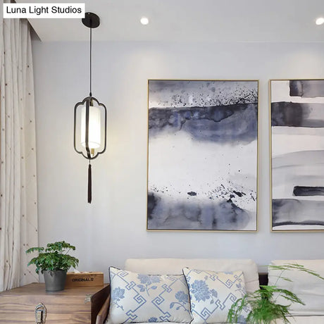 Black/Brass Caged Metal Ceiling Lamp - 1 Light Suspended Pendant For Traditional Bedrooms