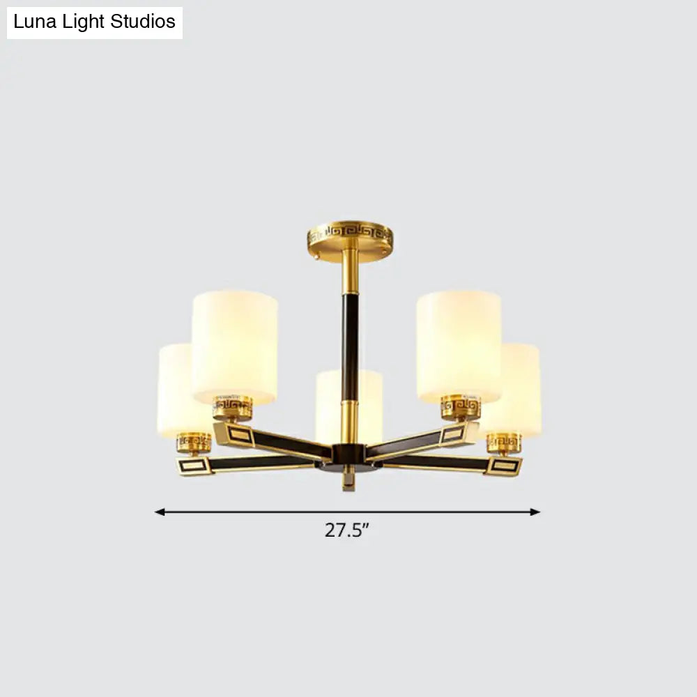 Black & Brass Satin Opal Glass Ceiling Chandelier For Antique Living Room