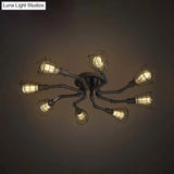 Black/Bronze Metal Twisted Pipe Semi Flush Light Fixture For Restaurant - 4/6/8 Bulbs
