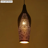 Black Carved Pendant Metal Ceiling Lamp With Decorative Suspension - 1 Bulb Design