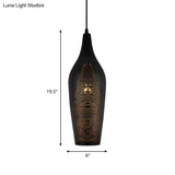 Black Carved Pendant Metal Ceiling Lamp With Decorative Suspension - 1 Bulb Design