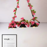 Black Conical Metal Pendant Light With Twisted Rope And Fake Flower - 3-Light Ceiling Fixture For