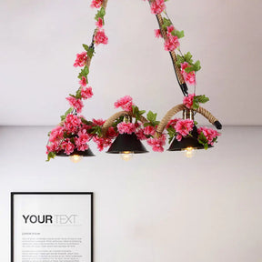 Black Conical Metal Pendant Light With Twisted Rope And Fake Flower - 3-Light Ceiling Fixture For