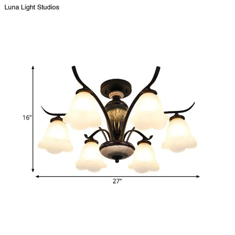 Black Country Flower Semi Flush Mount Ceiling Light With Opal Ribbed Glass - 3/6/8 Heads