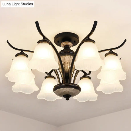 Black Country Flower Semi Flush Mount Ceiling Light With Opal Ribbed Glass - 3/6/8 Heads