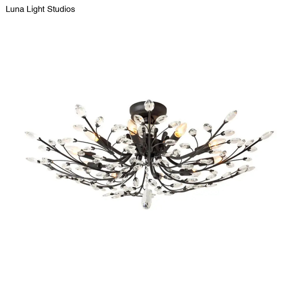 Black Crystal Leaf Semi Flush Mount Light - Modern Metal Ceiling Fixture With 6/8/10 Lights