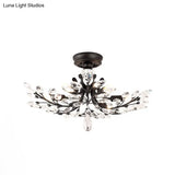 Black Crystal Leaf Semi Flush Mount Light - Modern Metal Ceiling Fixture With 6/8/10 Lights