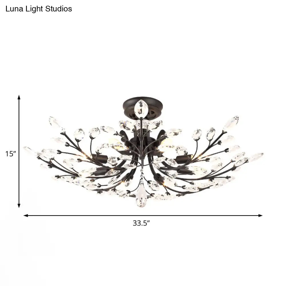 Black Crystal Leaf Semi Flush Mount Light - Modern Metal Ceiling Fixture With 6/8/10 Lights