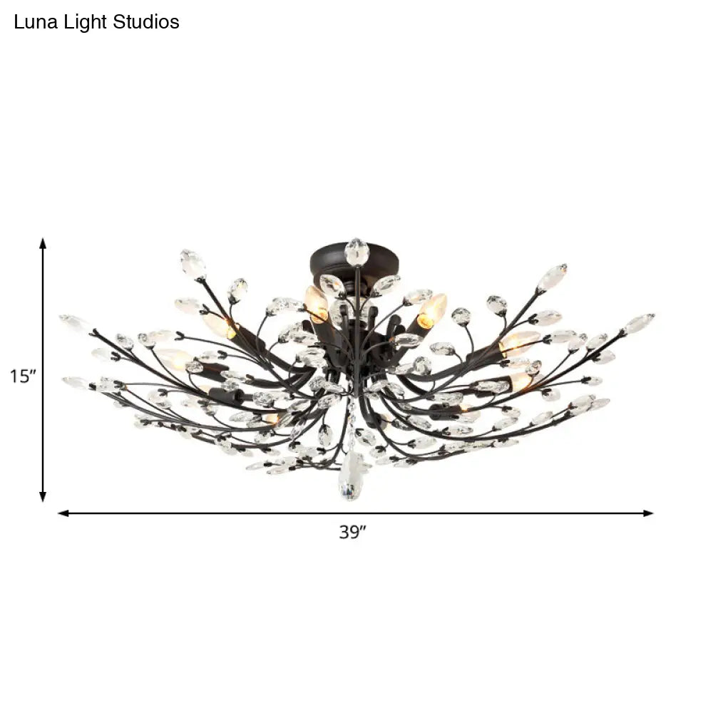 Black Crystal Leaf Semi Flush Mount Light - Modern Metal Ceiling Fixture With 6/8/10 Lights
