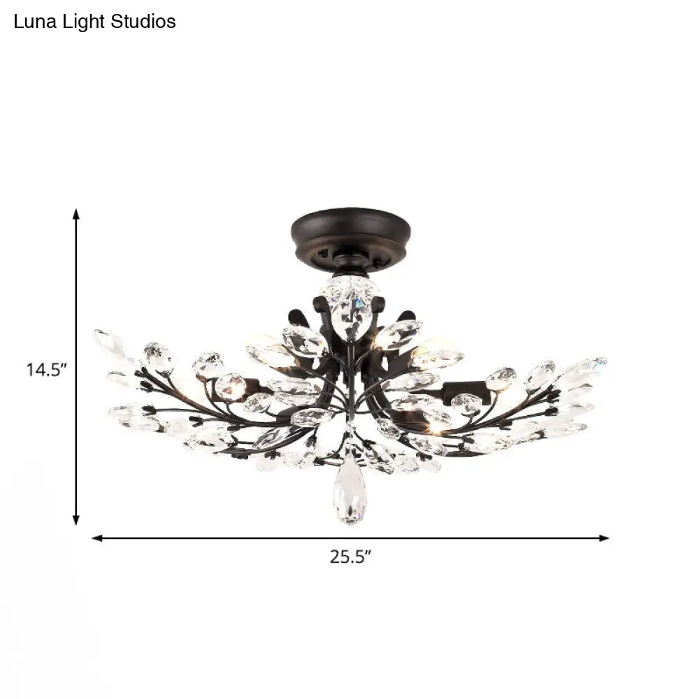 Black Crystal Leaf Semi Flush Mount Light - Modern Metal Ceiling Fixture With 6/8/10 Lights