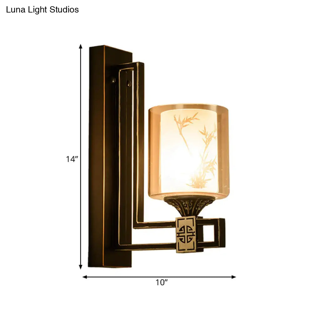 Black Cylinder Wall Light - Traditional Style Amber Glass Sconce For Living Room With Metal