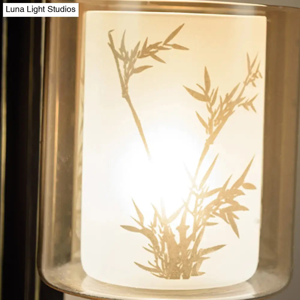 Black Cylinder Wall Light - Traditional Style Amber Glass Sconce For Living Room With Metal
