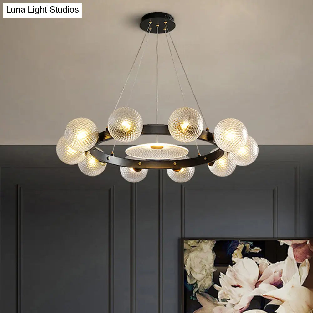 Black Designer Ball Pendant Chandelier With Clear Lattice Glass - Restaurant Hanging Light