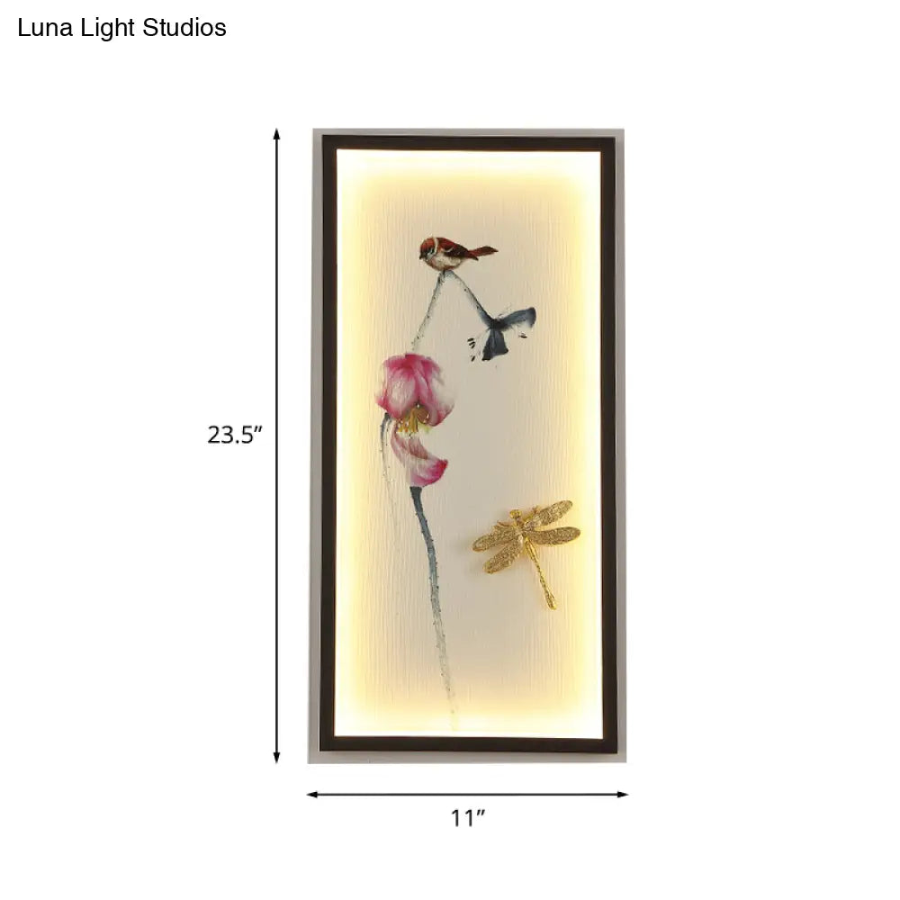 Black Dragonfly-Lotus Led Wall Sconce With Metal Frame - Asian Inspired Mural Lamp