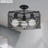 Black Drum Design Semi Flush Light - Vintage Retro Metallic 3-Head Foyer Mount 16’/16.5’ W