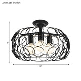 Black Drum Design Semi Flush Light - Vintage Retro Metallic 3-Head Foyer Mount 16’/16.5’ W
