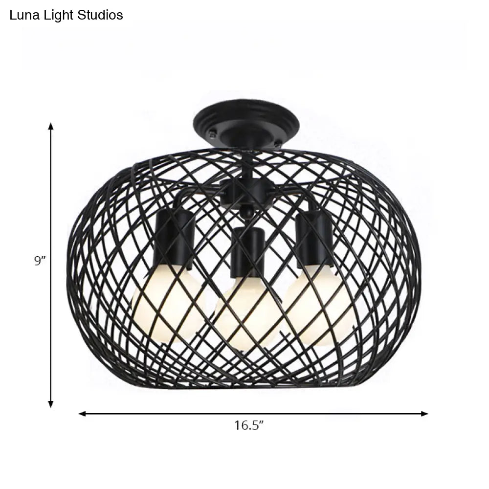 Black Drum Design Semi Flush Light - Vintage Retro Metallic 3-Head Foyer Mount 16’/16.5’ W