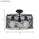 Black Drum Design Semi Flush Light - Vintage Retro Metallic 3-Head Foyer Mount 16’/16.5’ W