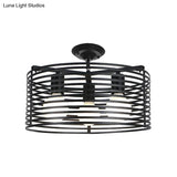 Black Drum Design Semi Flush Light - Vintage Retro Metallic 3-Head Foyer Mount 16’/16.5’ W