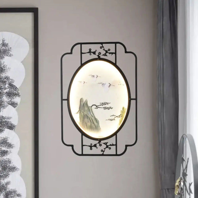 Black Fabric Halcyon Led Sconce Light With Asian-Inspired Frame