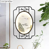 Black Fabric Halcyon Led Sconce Light With Asian-Inspired Frame
