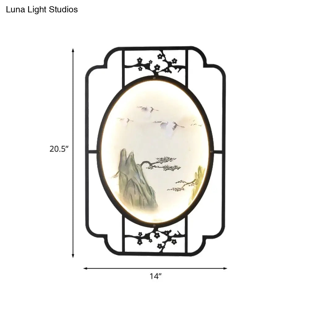 Black Fabric Halcyon Led Sconce Light With Asian-Inspired Frame
