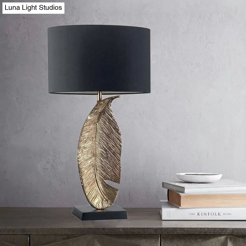 Black Fabric Table Lamp With Leaf-Shaped Metal Base - Modern 1-Light Night Lighting For Bedroom