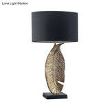 Black Fabric Table Lamp With Leaf-Shaped Metal Base - Modern 1-Light Night Lighting For Bedroom