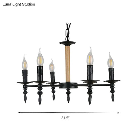 Black Finish Candle Chandelier - Antique Metal/Wood 6 Heads Restaurant Pendant Light