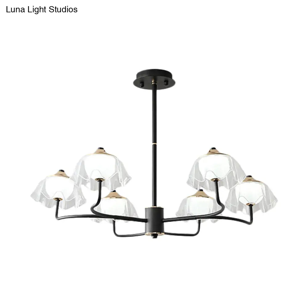 Black Floral Chandelier Light Fixture - Modern Acrylic Ceiling Pendant With 6 Heads And Bowl Insert