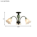 Black Flower Semi Flush Frosted Glass Ceiling Mount With Curved Arm - Countryside Style 3/6/8 Heads