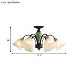 Black Flower Semi Flush Frosted Glass Ceiling Mount With Curved Arm - Countryside Style 3/6/8 Heads