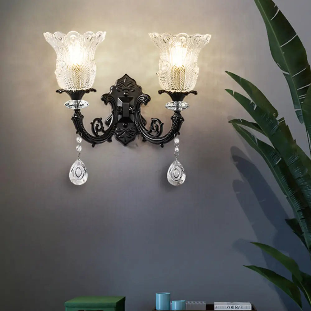 Black Flower Wall Lamp With Clear Crystal Glass Shade & Minimalist Design 2 /