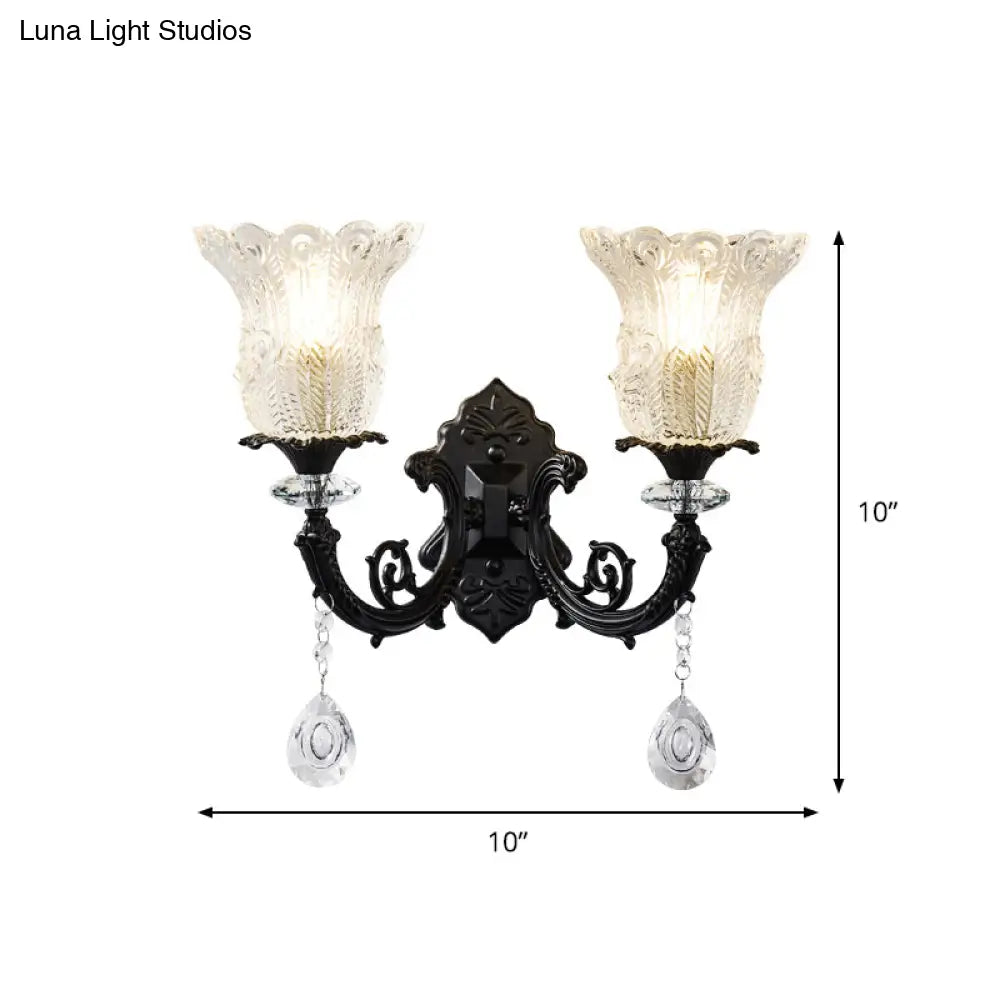 Black Flower Wall Lamp With Clear Crystal Glass Shade & Minimalist Design