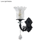 Black Flower Wall Lamp With Clear Crystal Glass Shade & Minimalist Design