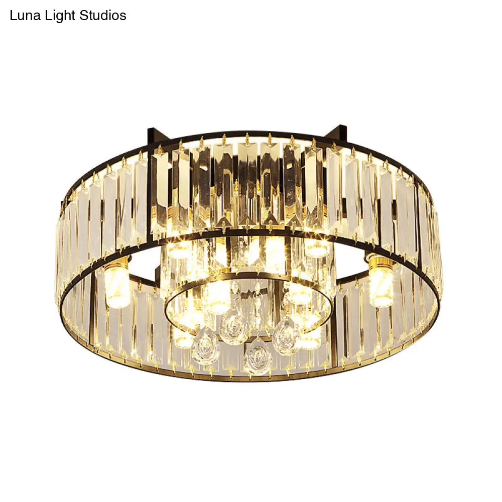 Black Flush Mounted Lamp With Double Round Minimalist Crystal Design And 7 Lights
