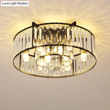 Black Flush Mounted Lamp With Double Round Minimalist Crystal Design And 7 Lights