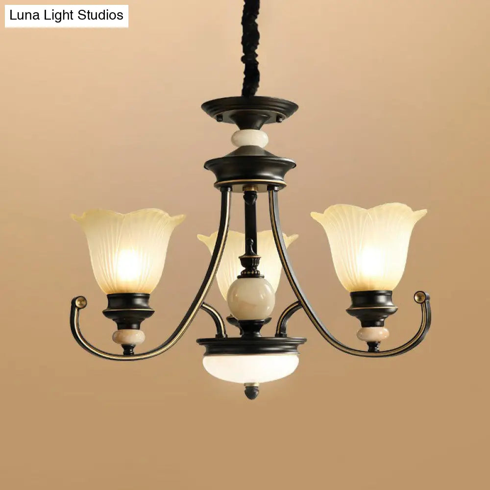 Black Frosted Glass Chandelier: Flower-Shaped Pendant Light For Classic Dining Room