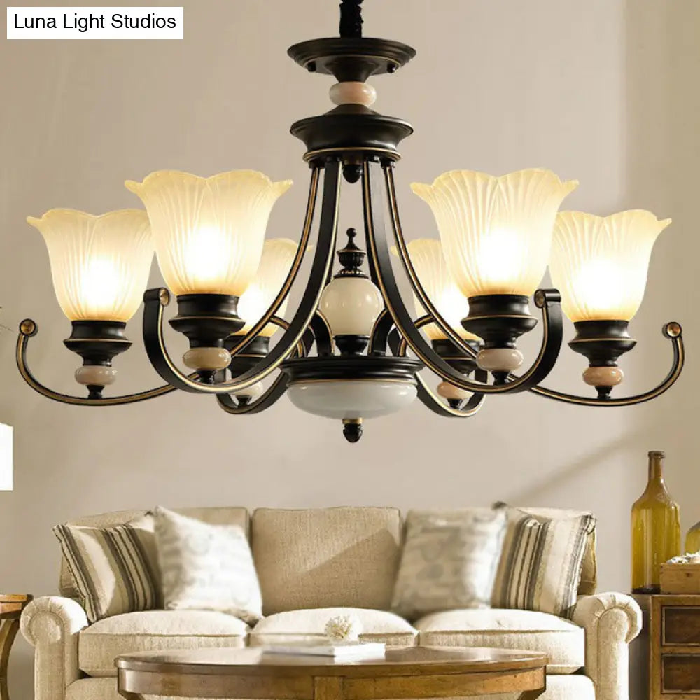 Black Frosted Glass Chandelier: Flower-Shaped Pendant Light For Classic Dining Room