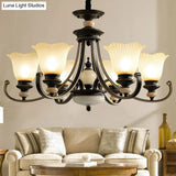 Black Frosted Glass Chandelier: Flower-Shaped Pendant Light For Classic Dining Room