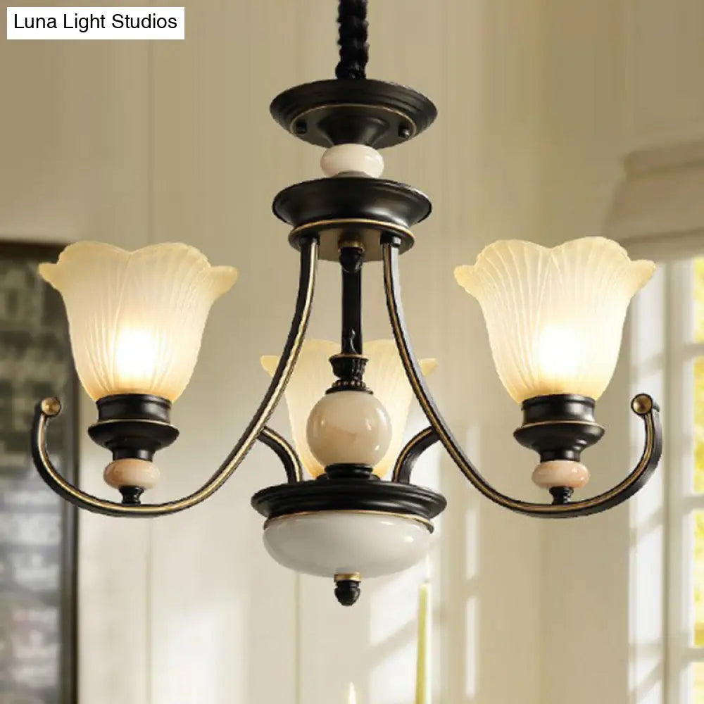 Black Frosted Glass Chandelier: Flower-Shaped Pendant Light For Classic Dining Room