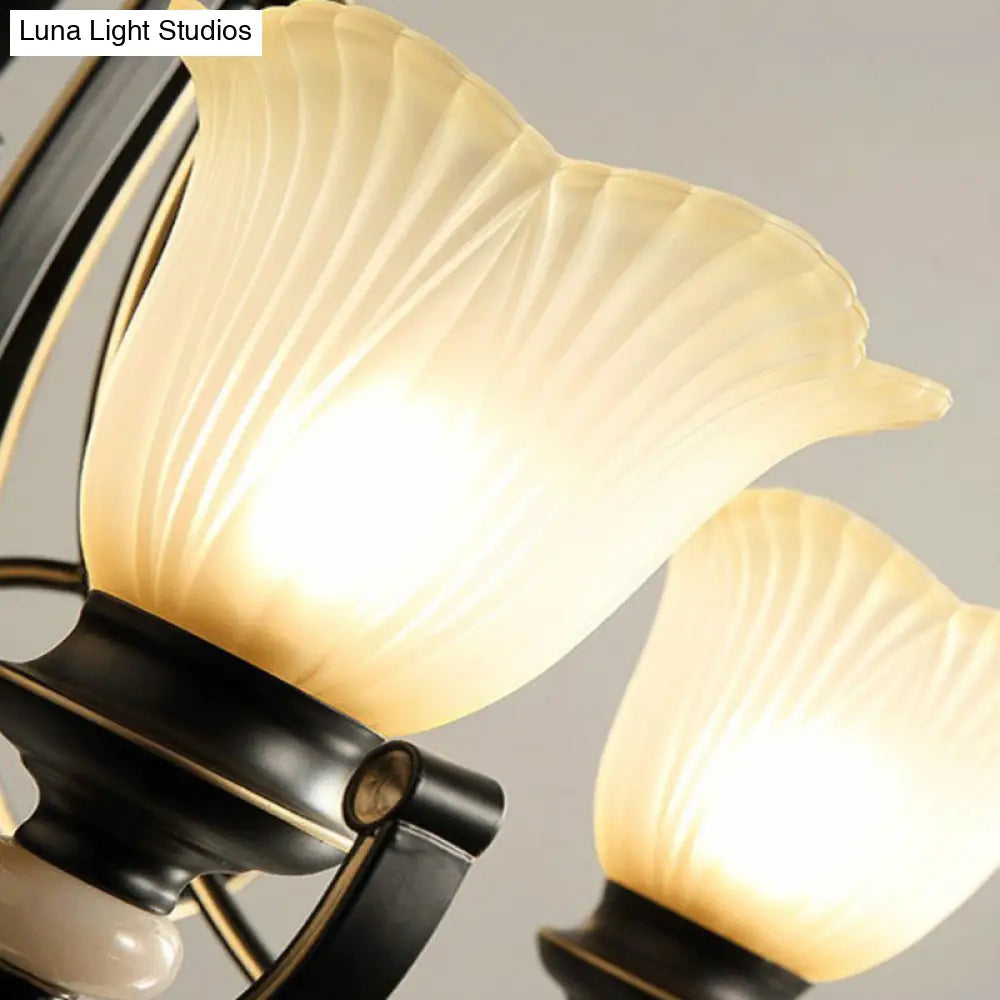 Black Frosted Glass Chandelier: Flower-Shaped Pendant Light For Classic Dining Room