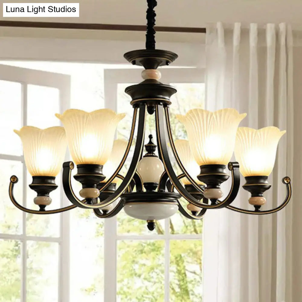 Black Frosted Glass Chandelier: Flower-Shaped Pendant Light For Classic Dining Room