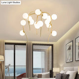 Black/Gold Flush Lamp With Milk White Glass And Weeping Branch Design - 15/20 Lights Ceiling Mount