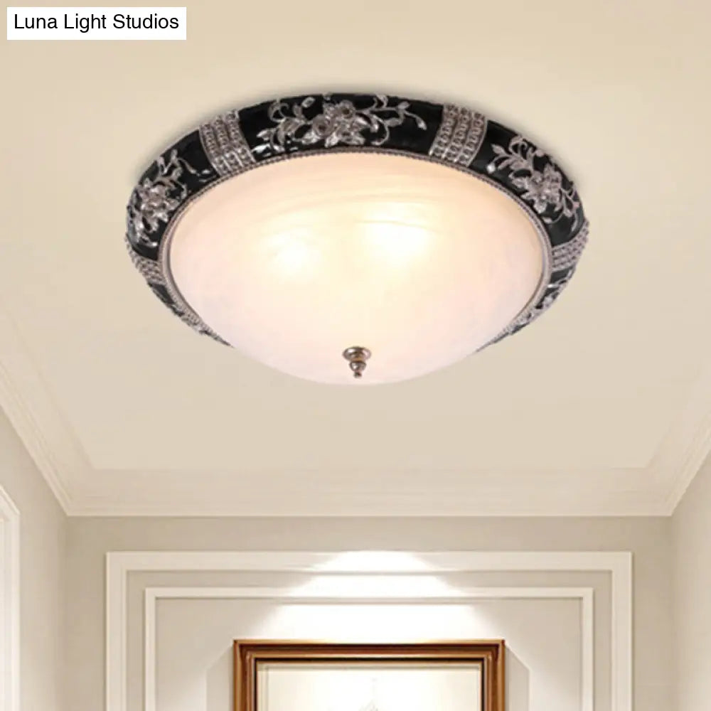 Black - Gold Semi - Orb Flush Mount Lamp With Satin Glass Shade For Hallway