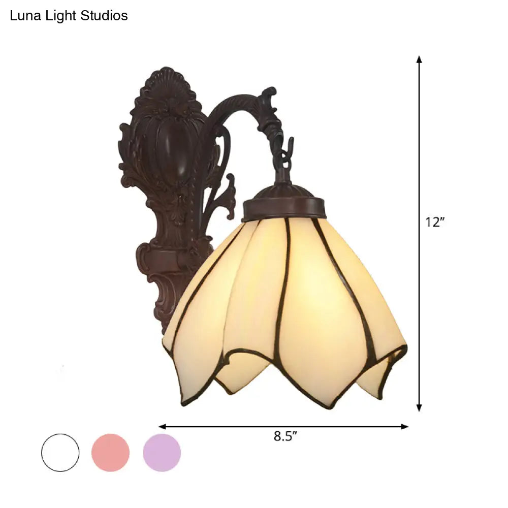 Black Hand Cut Glass Floral Wall Lighting: Mediterranean Style 1-Bulb Mounted Lamp