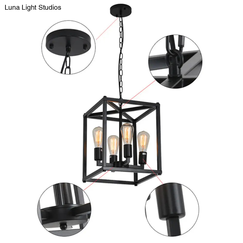 Black Industrial Retro Metal Diner Pendant Chandelier - Square Cage Hanging Lamp