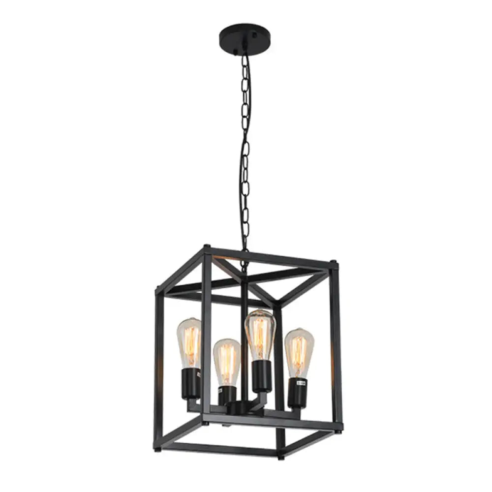 Black Industrial Retro Metal Diner Pendant Chandelier - Square Cage Hanging Lamp 4 /